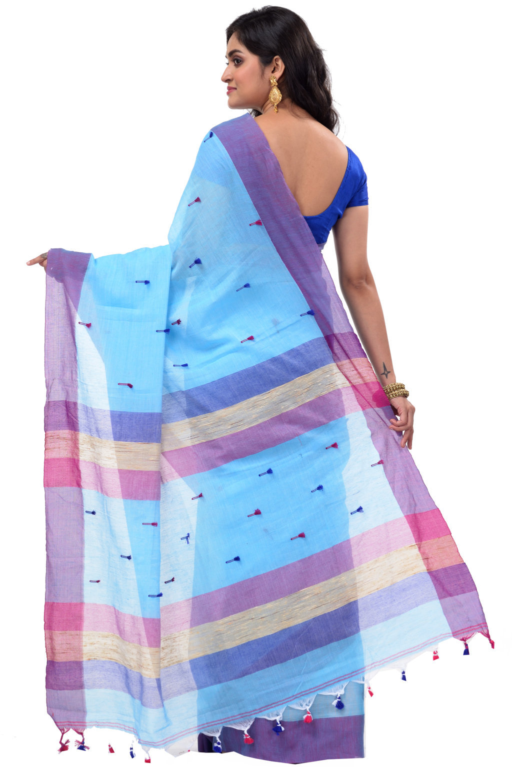 Blue Pure Cotton Clacial Desigined Hand Loom Saree (752)